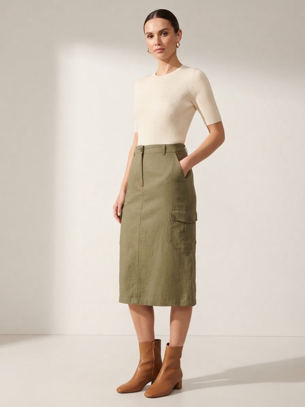 Northern Reflections Vintage Linen Blend Olive Cargo Pencil Midi Skirt Size 14